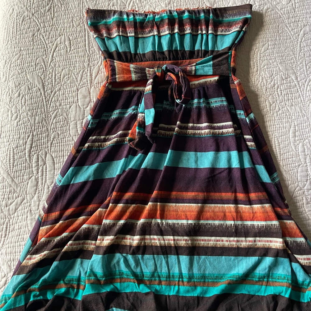 American Rag Strapless Stripe Dress in Teal, Orange, and Plum - Picture 5 of 5